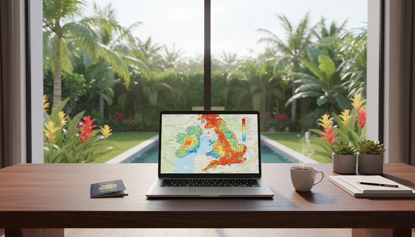 A professional home office setup with a laptop displaying a map of the United Kingdom with property price heatmaps, a passport, and a cup of coffee on a wooden desk with a view of a tropical garden outside the window, symbolizing the expat lifestyle.