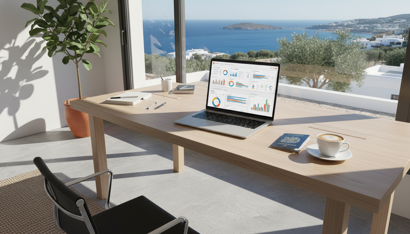 A professional modern office setup in a sunny Mediterranean location with a laptop showing a complex CRM dashboard, a British passport and a cup of coffee on the desk, high-quality photography style.