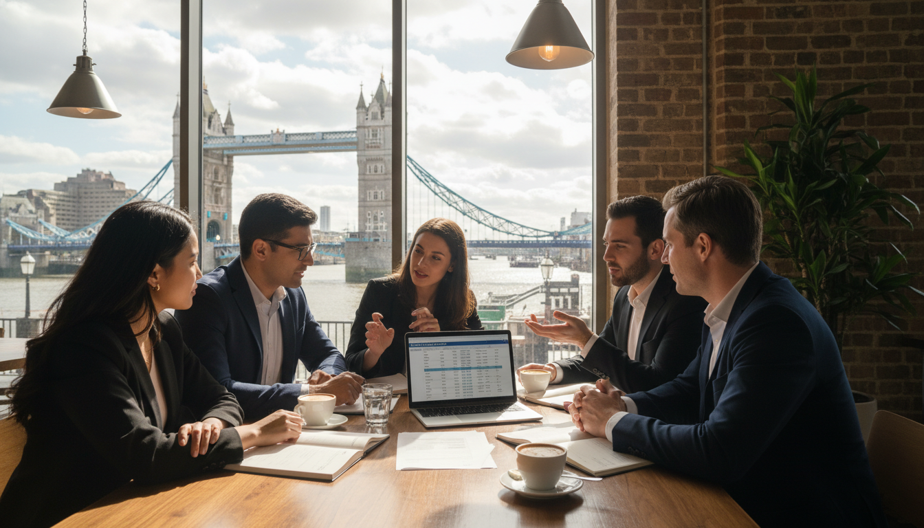 A diverse group of professional expatriates sitting in a modern, sunlit London cafe near the Tower Bridge, discussing insurance documents on a laptop, soft cinematic lighting, high-quality photography style, urban professional atmosphere.