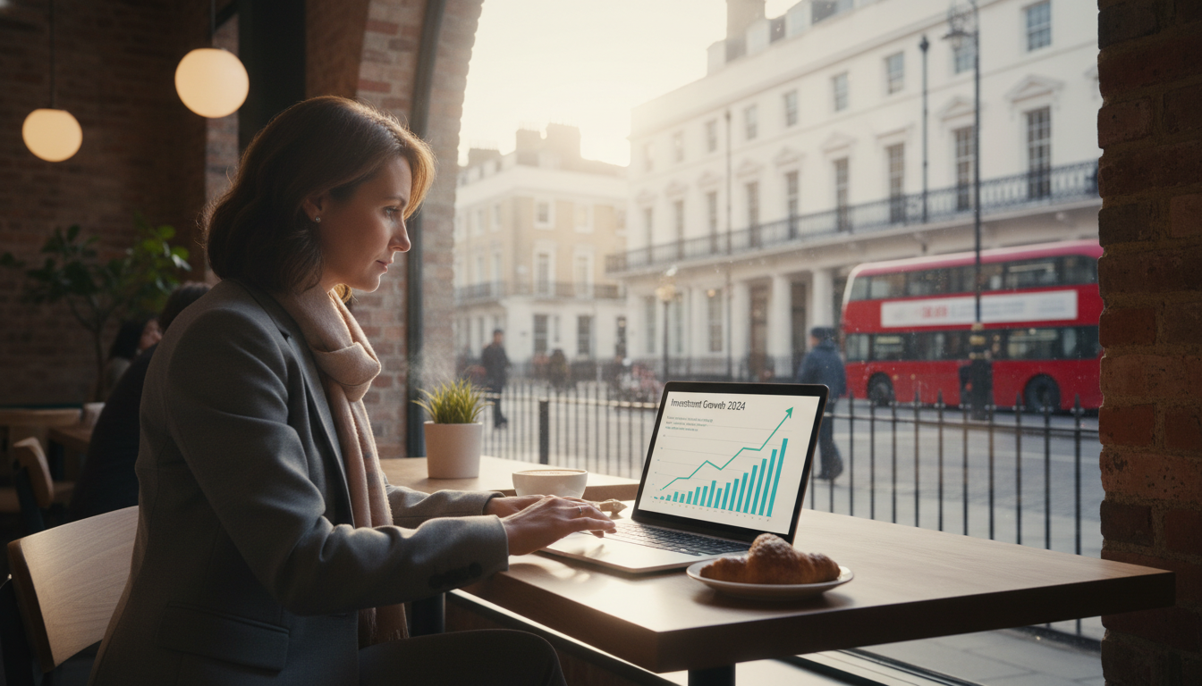 A professional person sitting in a modern London cafe overlooking a historic street, using a laptop with charts showing investment growth, photorealistic, soft morning light, cinematic atmosphere.