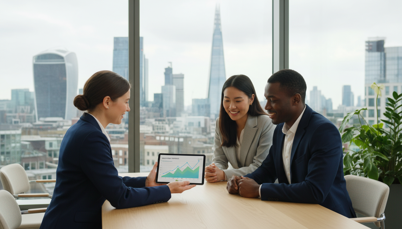 A professional financial advisor sitting across from a diverse couple in a bright, modern office in London. Large windows show the London skyline including the Gherkin. They are looking at a tablet displaying financial growth charts. The atmosphere is professional yet welcoming.