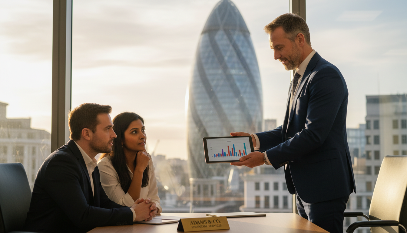 A professional British accountant in a modern glass-walled office in London, showing a digital tax breakdown on a tablet to a diverse couple, with the Gherkin skyscraper visible in the background, warm natural lighting, professional and reassuring atmosphere