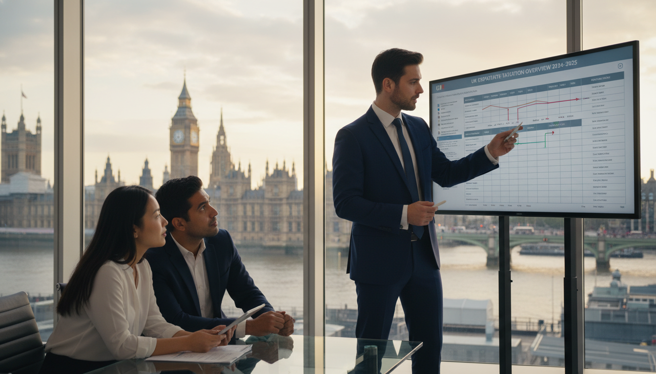 A professional financial advisor in a bright, modern office in London, showing a complex tax chart to a diverse expat couple, with a view of the Big Ben and Westminster in the background through a large glass window, photorealistic style, soft lighting.