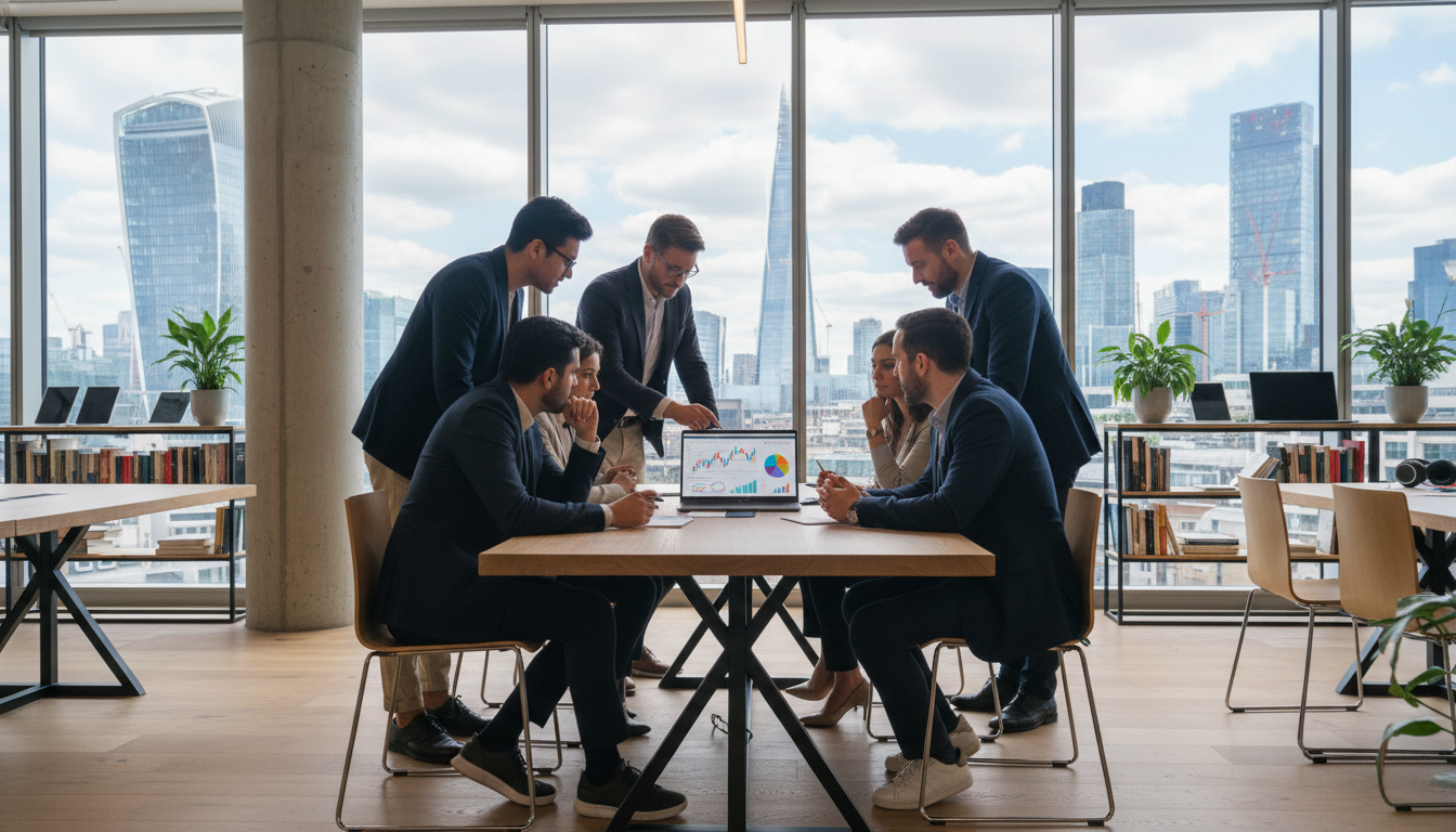 A diverse group of entrepreneurs in a modern London co-working space, looking at financial charts on a laptop, large glass windows with the Gherkin building visible in the background, professional yet creative atmosphere.