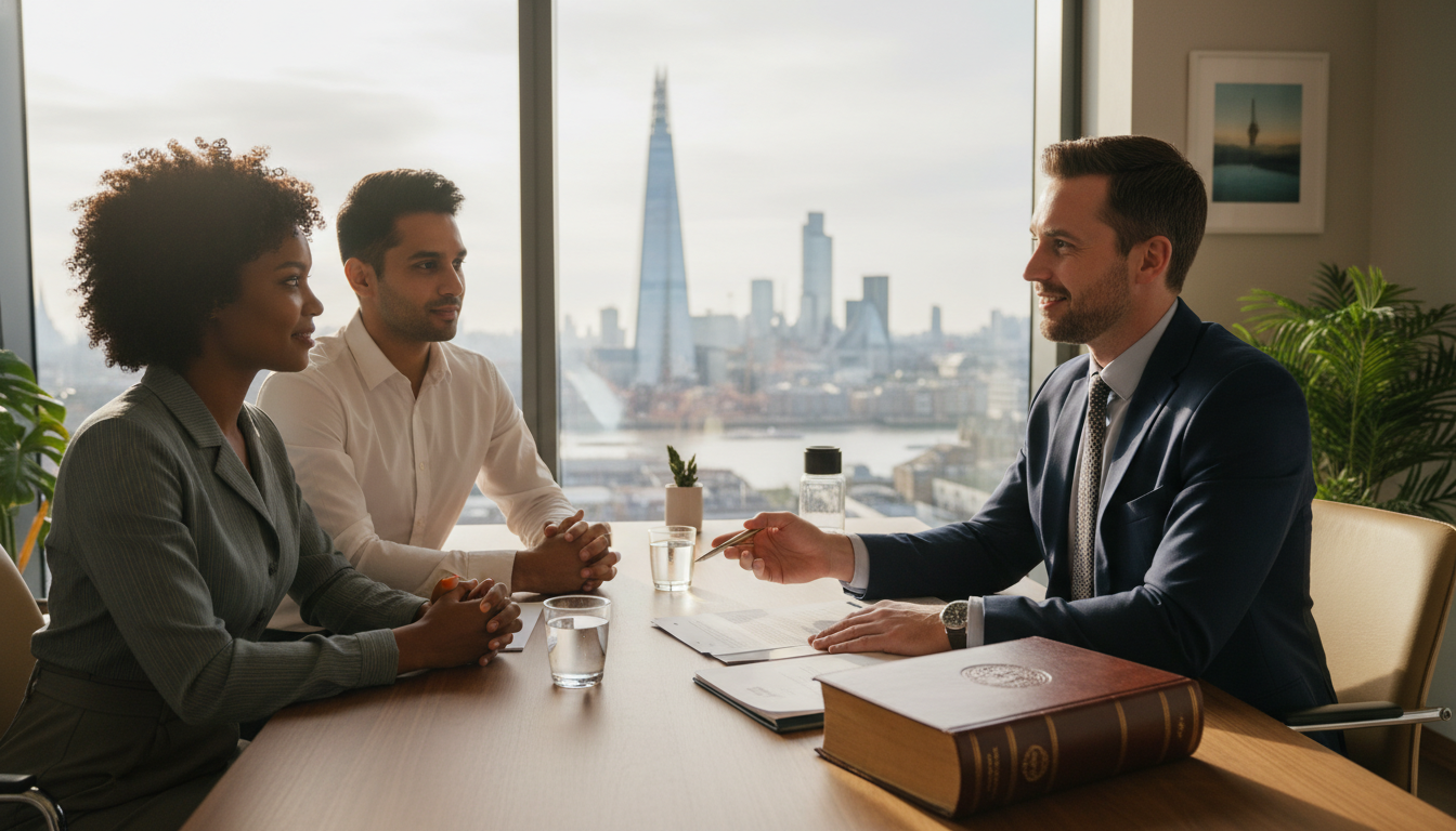 A professional legal consultation taking place in a modern office overlooking the London skyline. A friendly male lawyer is explaining documents to a diverse expat couple. The atmosphere is calm, professional, and reassuring. Soft sunlight filters through large glass windows, highlighting a leather-bound legal book on the desk.