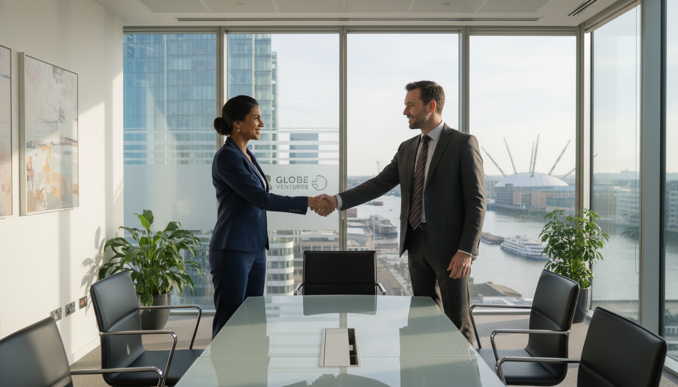 A professional expat entrepreneur shaking hands with a British business partner in a bright Canary Wharf office with a view of the Thames, high-quality photography, soft morning light, professional business attire