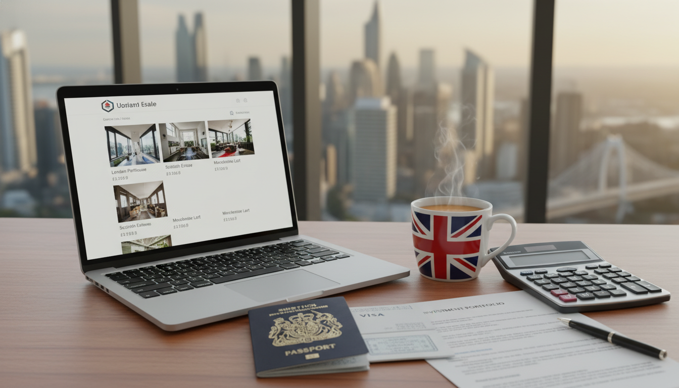 A professional desk setting with a laptop showing UK real estate listings, a British passport, a cup of tea, and a calculator, with a blurred view of a global city skyline through the window behind, representing the blend of international life and UK investment.