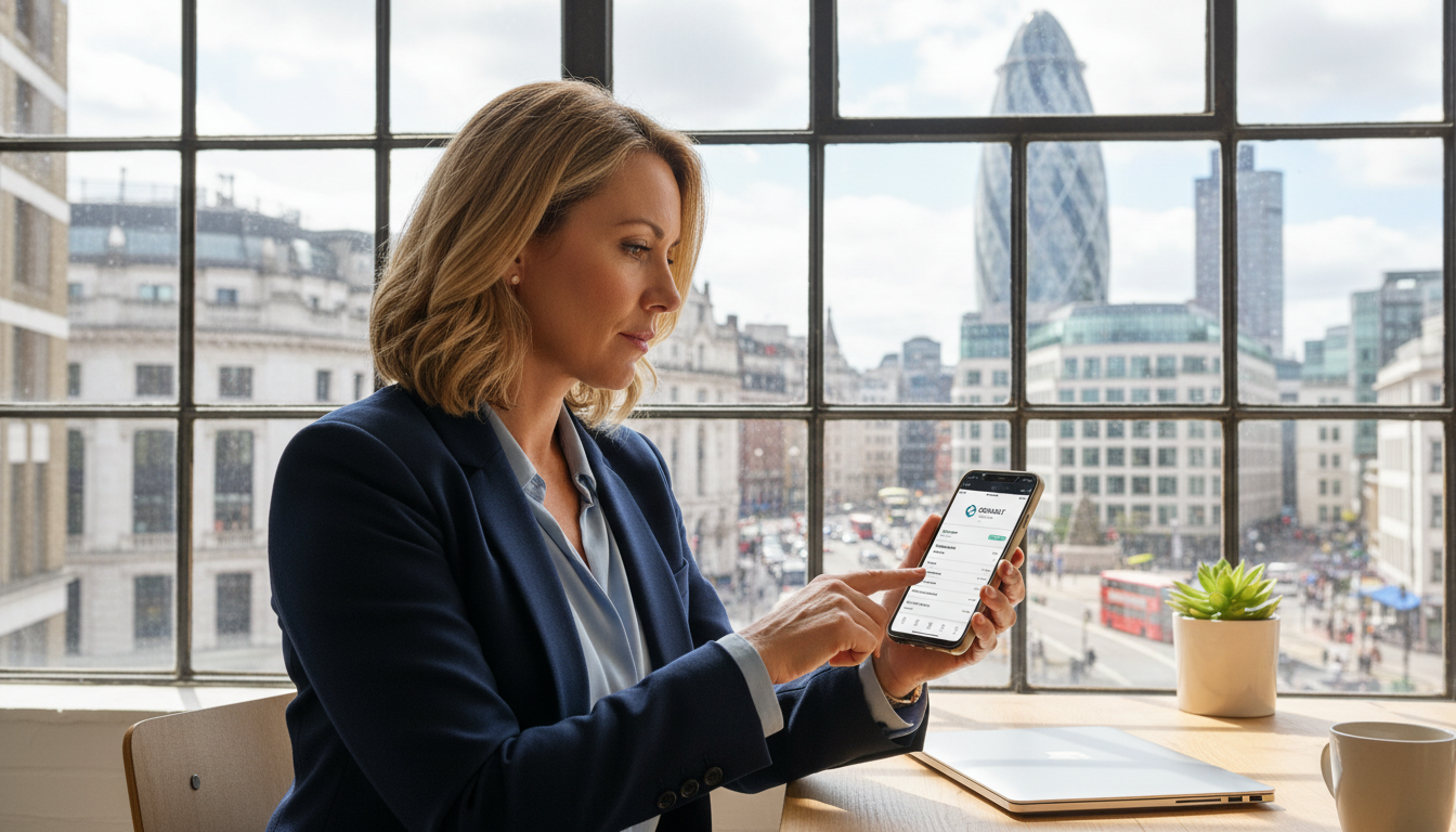 A professional expat entrepreneur sitting in a bright, modern London coworking space, using a smartphone to manage a digital business bank account with a view of the Gherkin building through the window.