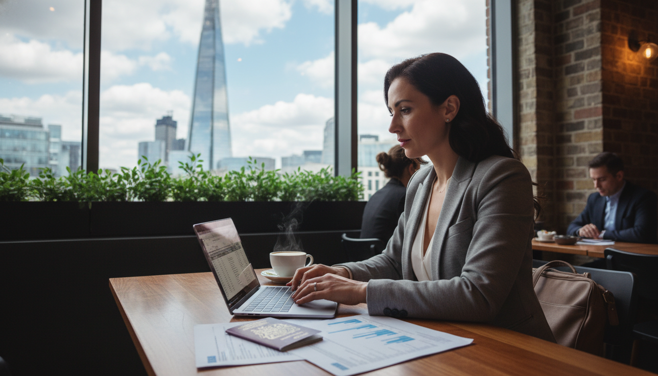 A professional expat entrepreneur sitting in a modern London cafe with a view of the Shard through the window, working on a sleek laptop with various legal documents and a British passport on the table.